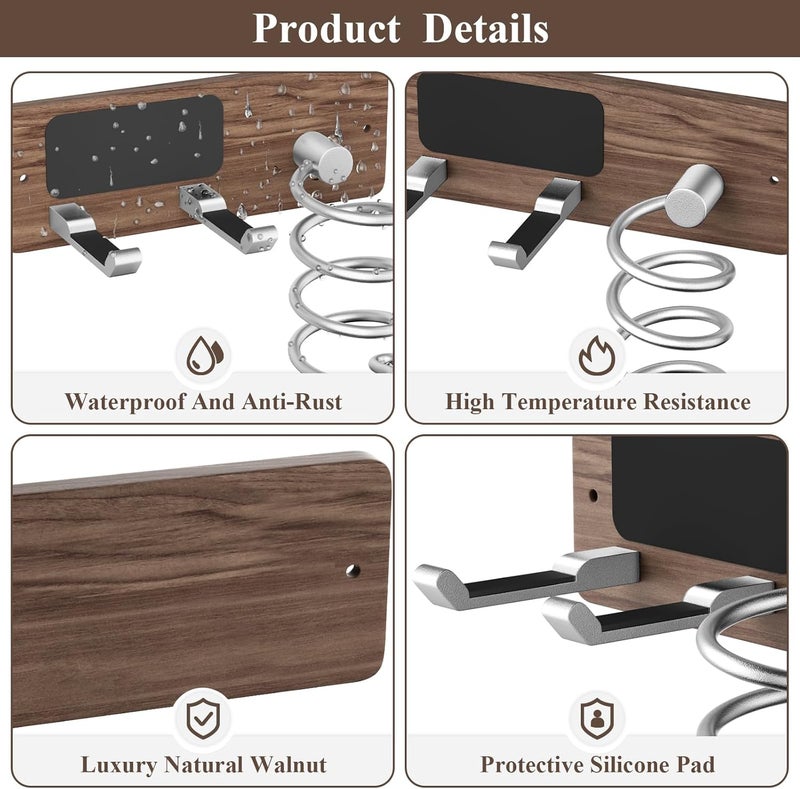 Tindbea Hair Dryer Holder Curling Iron Holder, Blow Dryer Holder Wall Mount, Bathroom Hair Tool Organizer Rack for Universal Dryer, Walnut Wood Silver Color Metal - Image 4